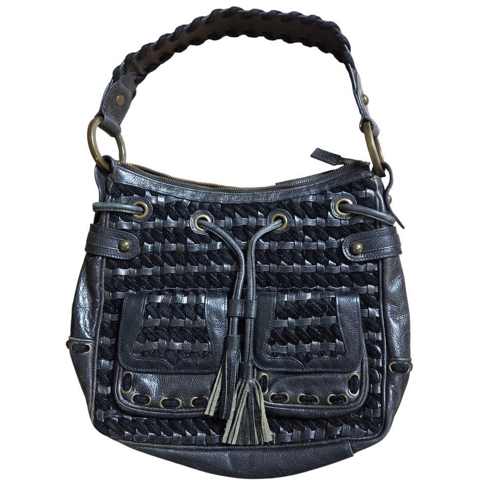 Isabella Fiore Leather Mixed Media Woven Hobo Bag Braided Strap Boho Tassel Y2K